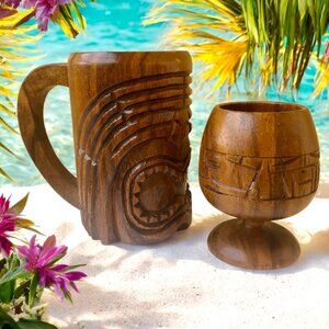 MING Hawaiian Carved Wood Tiki Mug Handle and Wooden Carbed Goblet